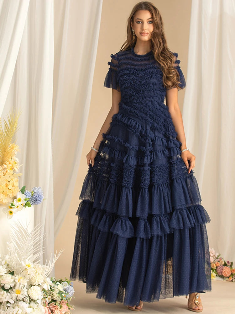 Luxe Navy Blue Lace Tiered Ruffle Chiffon Dress