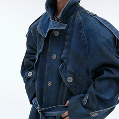 Men's Oversized Long Denim Trench Coat (Padded Shoulders)