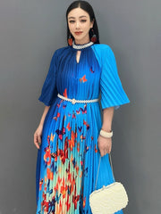 Women's Butterfly Print Blue Gradient Pleated Midi Dress