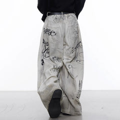 Men's Streetwear Oversized Beige Graffiti Wide Leg Trousers