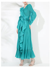 Pleated Plissé Ruffle Trim Maxi Dress