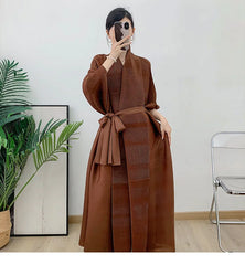 Couture Plissé Pleated Belted Robe Coat