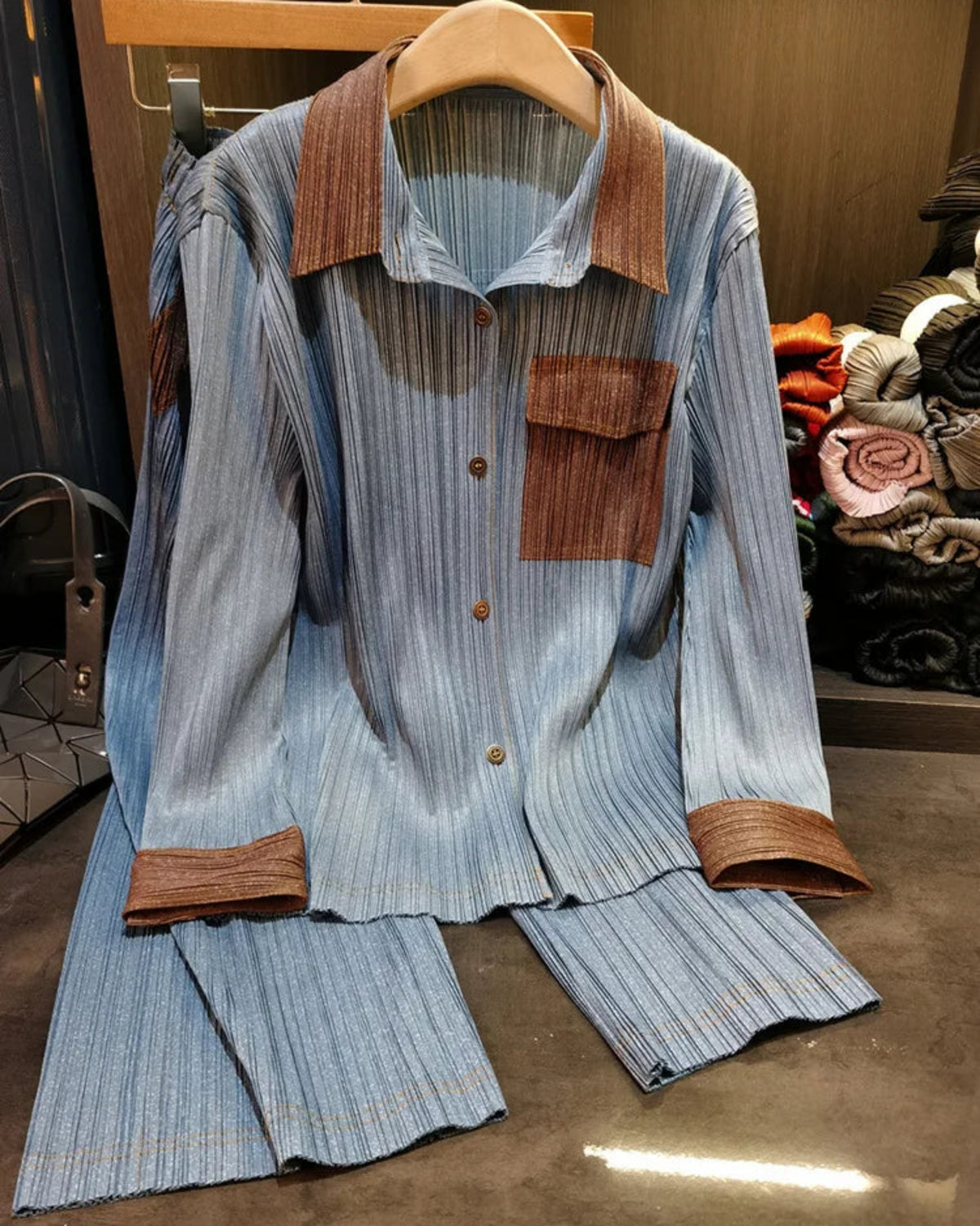 Luxury Denim Pleated Set