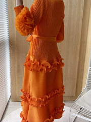 Bella Orange Floral Pleated Sleeve Dress