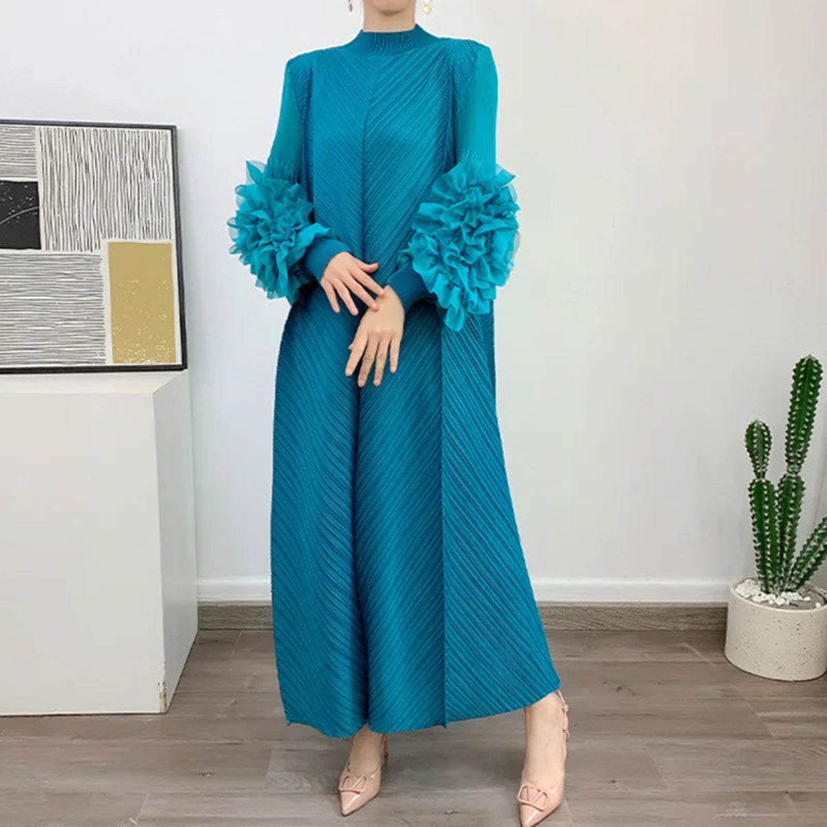 Japanese Plisse Pleated  Ruffle Sleeves Midi Dress