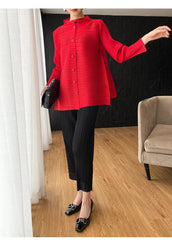 Luxury Red Pleated Asymmetrical Plissé Cardigan