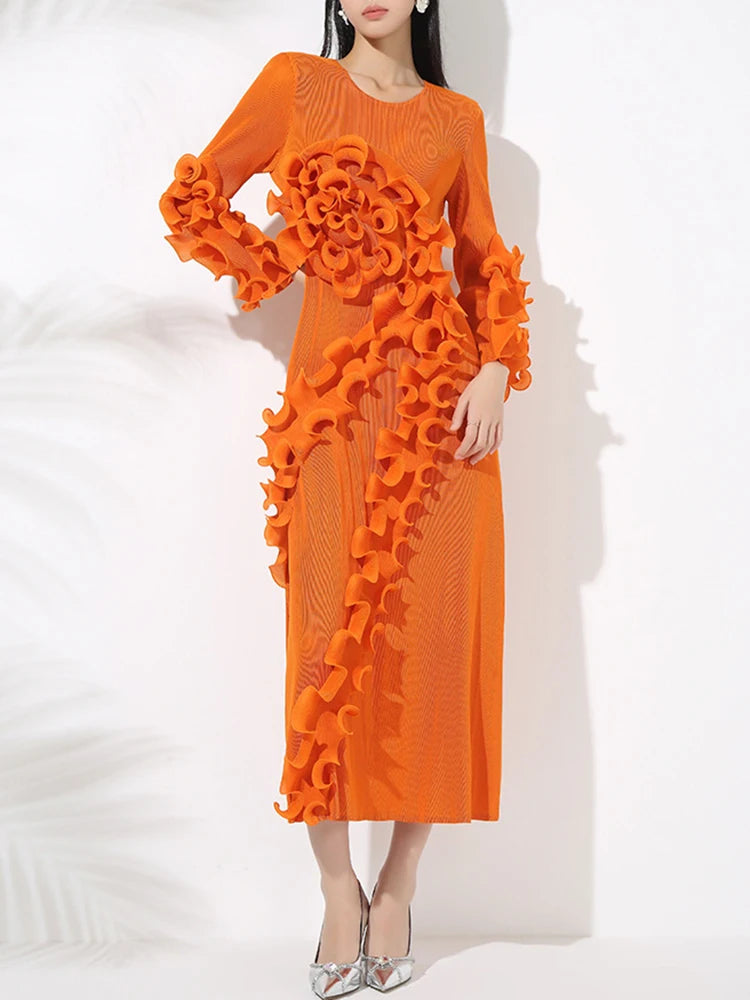 Plissé Pleated Midi Dress with 3D Ruffles