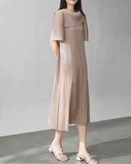 Balloon-Sleeve Pleated Dress