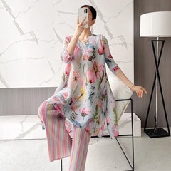 Luxury Floral Pleated Tunic & Striped Wide-Leg Pants Set