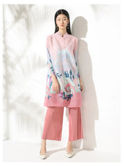 Luxury Floral Pleated Blouse & Wide-Leg Pant Set