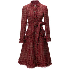 Women's Elegant Burgundy Tweed Long Coat