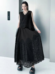 Two-Tone Pleated Lace Skirt
