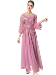 Women's Elegant Pink Sequin Feather Midi Dress