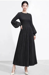 Balloon Sleeve Pleated Dress