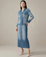 Denim Printed Pleated Skirt Set