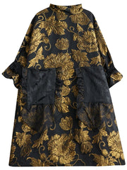 HEYFANCYSTYLE Gold Floral Slimming Midi Dress