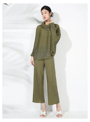 Elegant Beaded Plissé Pleated Sweater & Pant Set