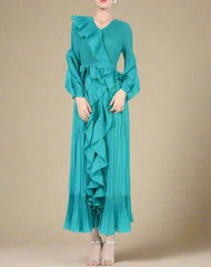 Ruffle Pleated V-Neck Dress