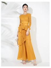 Maxi Skirt Set with Pleated Long Sleeve Top