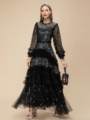 Glamorous Black Sequin Tulle Long Dress