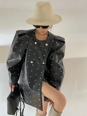 Vegan Leather Polka Dot Puff Shoulder Coat