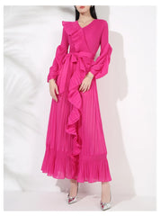 Ruffle Pleated V-Neck Dress