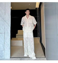 Men's Sheer 2-Piece Embroidery White Lace Suit Set