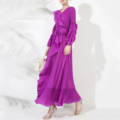 Ruffle Pleated V-Neck Dress