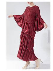 Couture Plissé Pleated Ruffle Sleeve Midi Dress