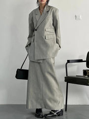 Asymmetrical Pinstripe Blazer & Maxi Skirt Suit