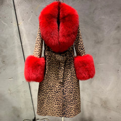 Women's Leopard Sheepskin Fox Fur Coat