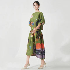 Olive Green Pleated Top & Skirt Set