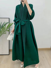 Couture Plissé Pleated Belted Robe Coat