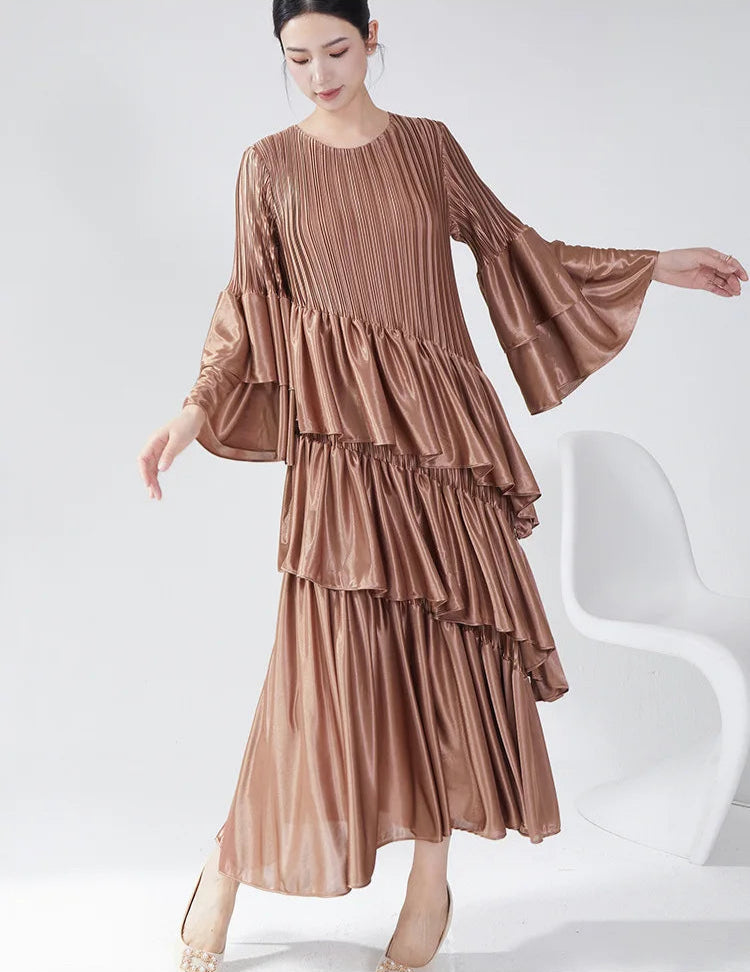 Couture Plissé Pleated Ruffle Sleeve Midi Dress