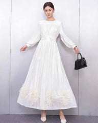 Floral Plissé Long Sleeve Dress
