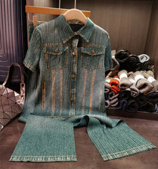 Denim Pleated Blouse & Wide Leg Pants