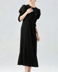 Unique Puff-Sleeve Pleated Dress