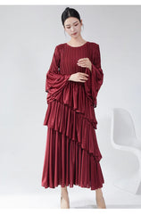 Couture Plissé Pleated Ruffle Sleeve Midi Dress