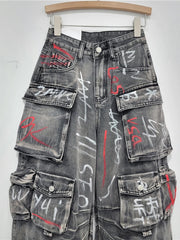 Women's Graffiti High-Waisted Cargo Baggy Jeans