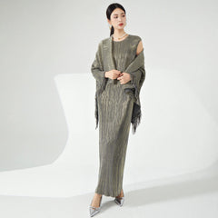 Couture Pleated Long Dress & Shawl Matching Set