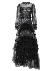 Glamorous Black Sequin Tulle Long Dress