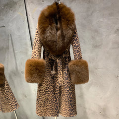 Women's Leopard Sheepskin Fox Fur Coat