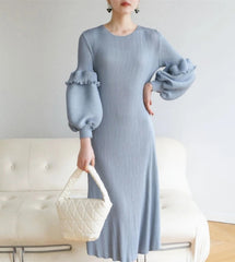 Luxury Puff Sleeve Pleats Dress