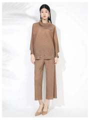 Elegant Beaded Plissé Pleated Sweater & Pant Set