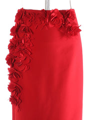 Red Floral Appliqué Midi Skirt