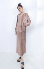 Designer Pleated Cardigan & Long Skirt Set