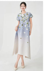 Luxury Floral Ombre Plisse Dress