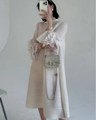 Luxe Floral-Sleeve Pleated Dress