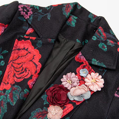 Women's Elegant Black Floral Long Trench Coat