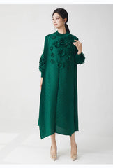 Luxe Plissé Pleated Floral Long Sleeve Dress